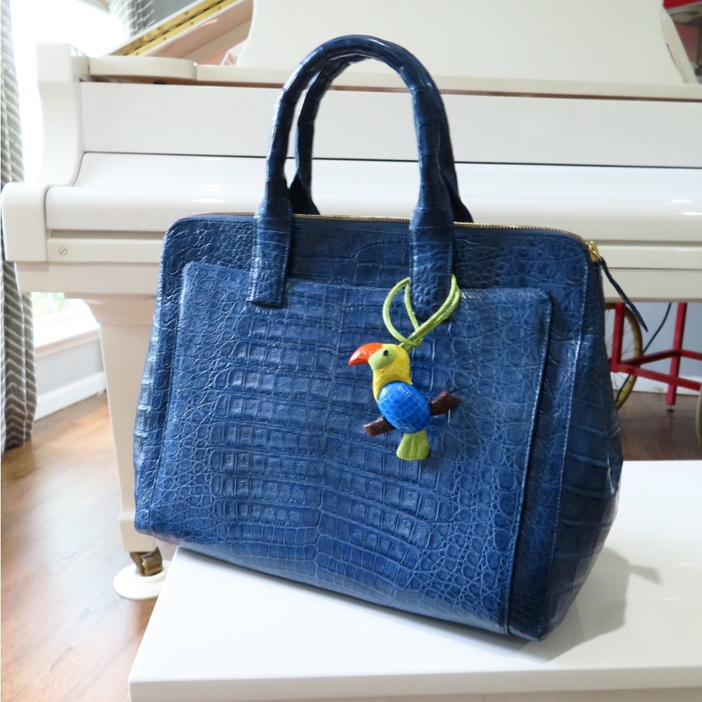 Nancy Gonzalez Navy Croc-Embossed Leather Satchel